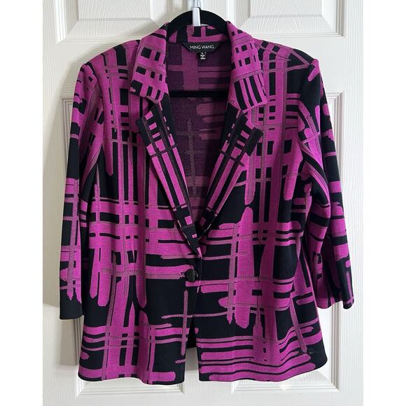 MING WANG Purple Black Abstract Soft Knit Tailored Blazer Jacket Sz L - Picture 2 of 12